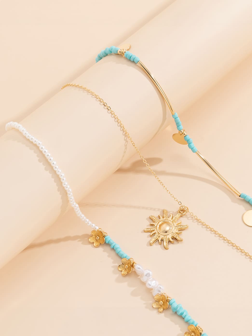 3pcs Sun & Faux Pearl Beaded Necklace