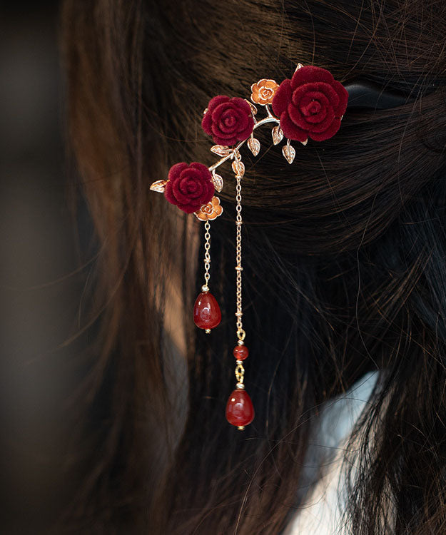 Black Xylogen Gem Stone Rose Tassel Hairpin