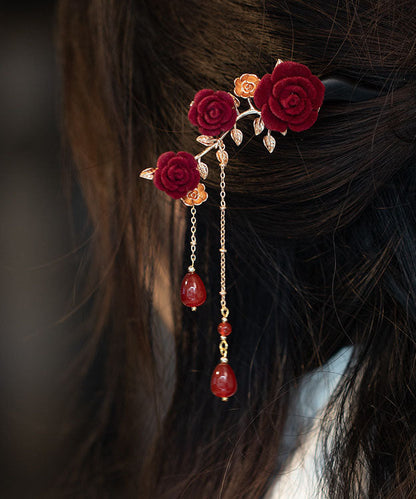 Black Xylogen Gem Stone Rose Tassel Hairpin