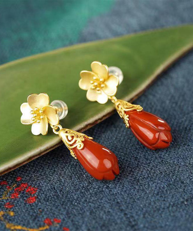 Diy Red Ancient Silver Inlaid Agate Drop Earrings