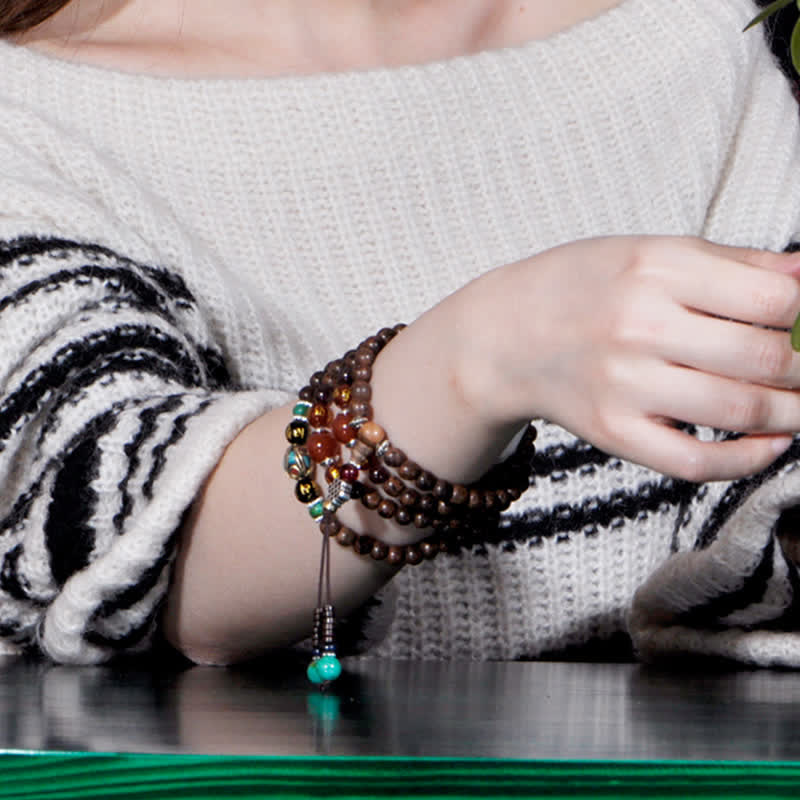 108 Wood Mala Bracelet With Agarwood & Red Agate for Peace & Strength