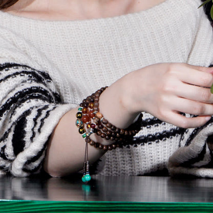 108 Wood Mala Bracelet With Agarwood & Red Agate for Peace & Strength