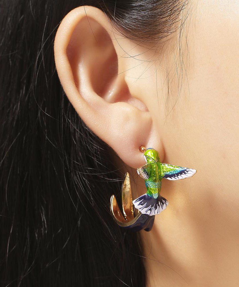Stylish Green Bird Metal Hoop Earrings