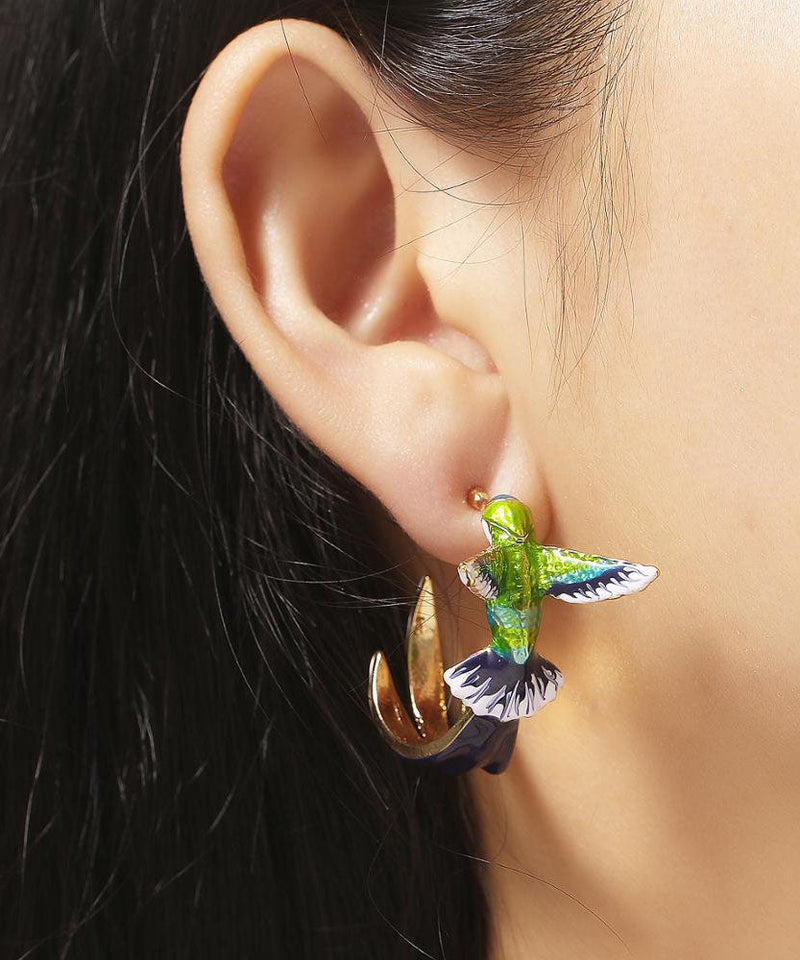 Stylish Green Bird Metal Hoop Earrings