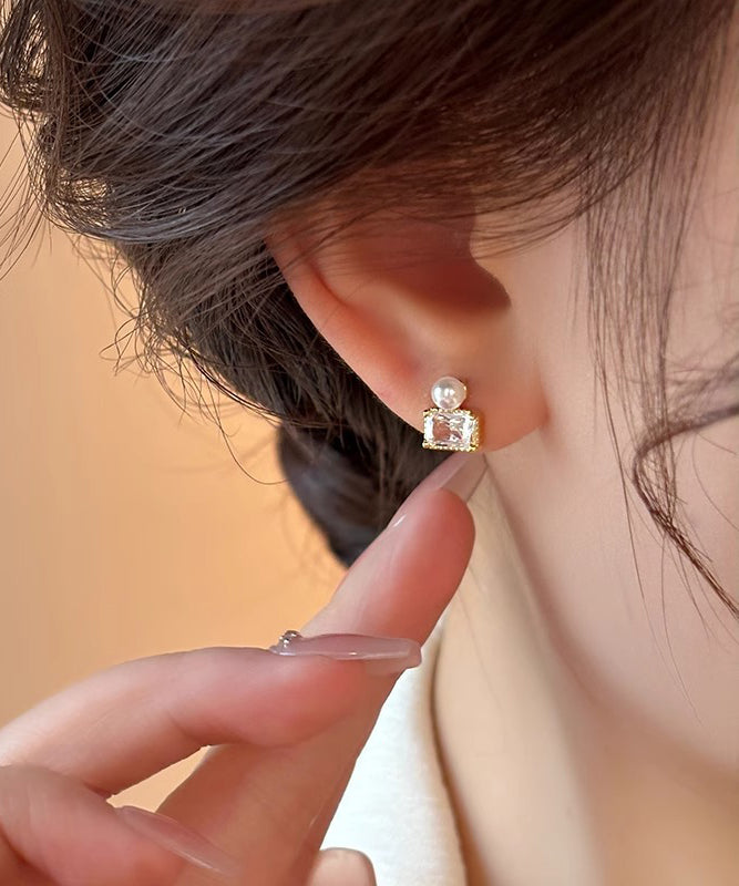 Gold Sterling Silver Overgild Pearl Stud Earrings