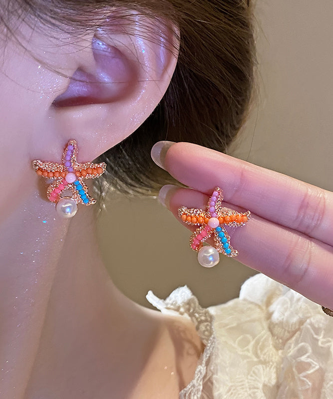 Rainbow Alloy Pearl Starfish Stud Earrings