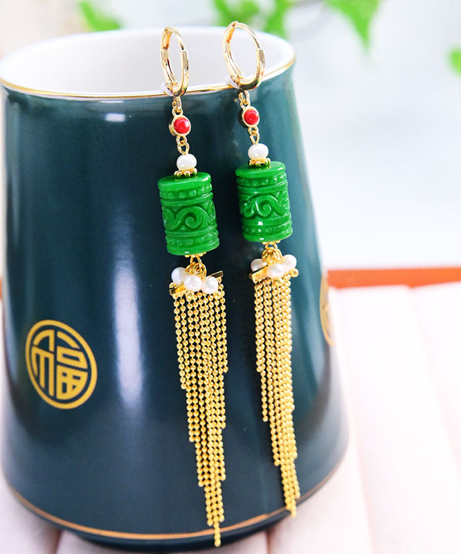 Green 14k Gold Jade Pearl Dry Green Tassel Drop Earrings