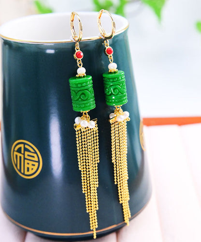 Green 14k Gold Jade Pearl Dry Green Tassel Drop Earrings