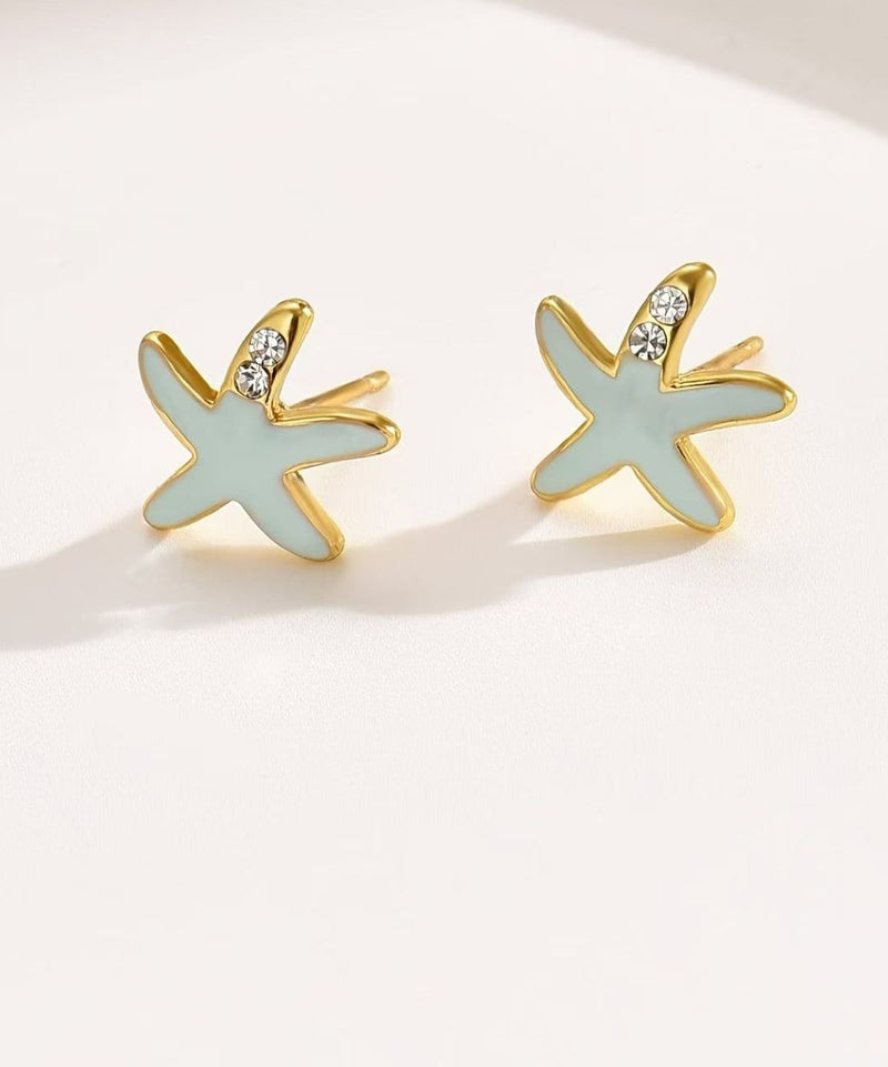 Diy Blue Copper Alloy Zircon Starfish Shell Stud Earrings