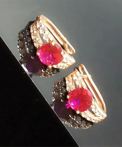 Rose Alloy Inlaid Gem Stone Zircon Hoop Earrings