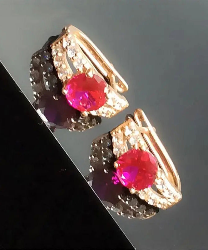 Rose Alloy Inlaid Gem Stone Zircon Hoop Earrings