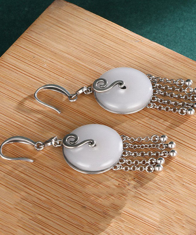 Silk Sterling Silver Inlaid Jade Tassel Drop Earrings