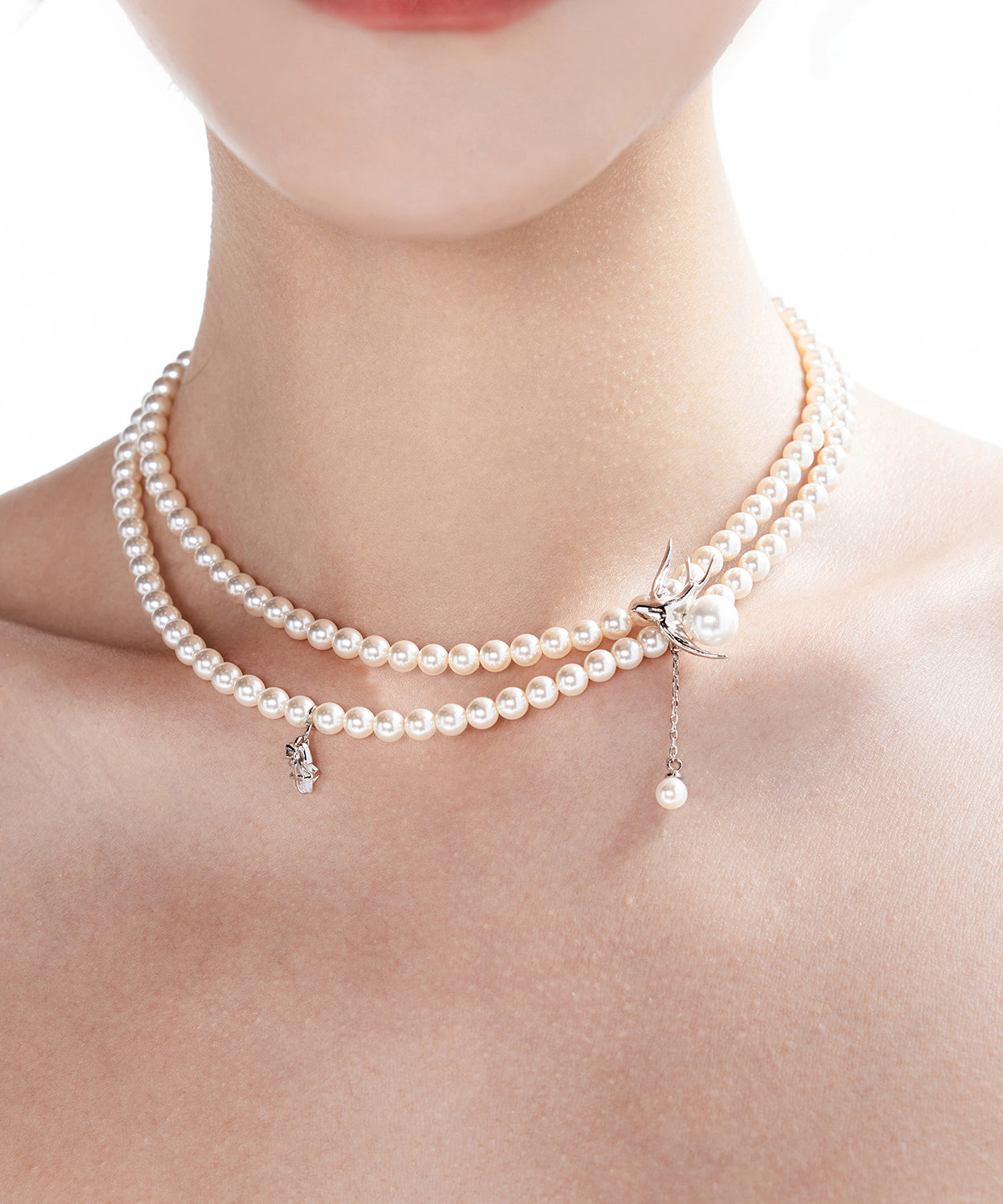 White Light Swallow Pearl Double Layered Alloy Necklace