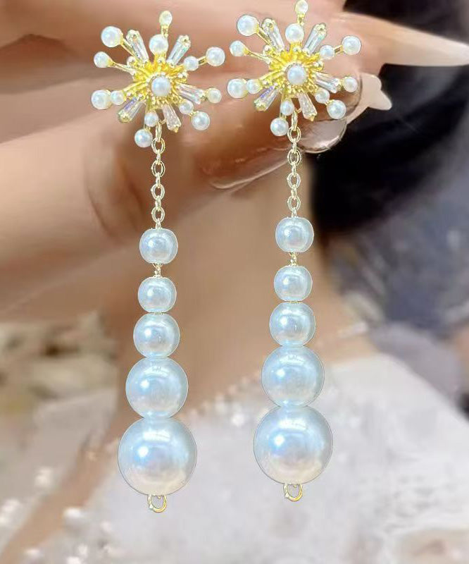 Gold Copper Overgild Pearl Zircon Tassel Drop Earrings