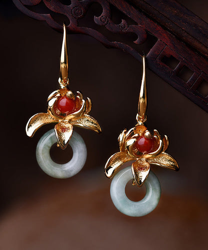 Retro Grey 14k Gold Gem Stone Drop Earrings