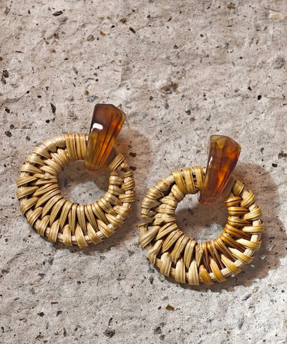Handmade Yellow Alloy Bamboo Vine Grass Weaving Hoop Earrings