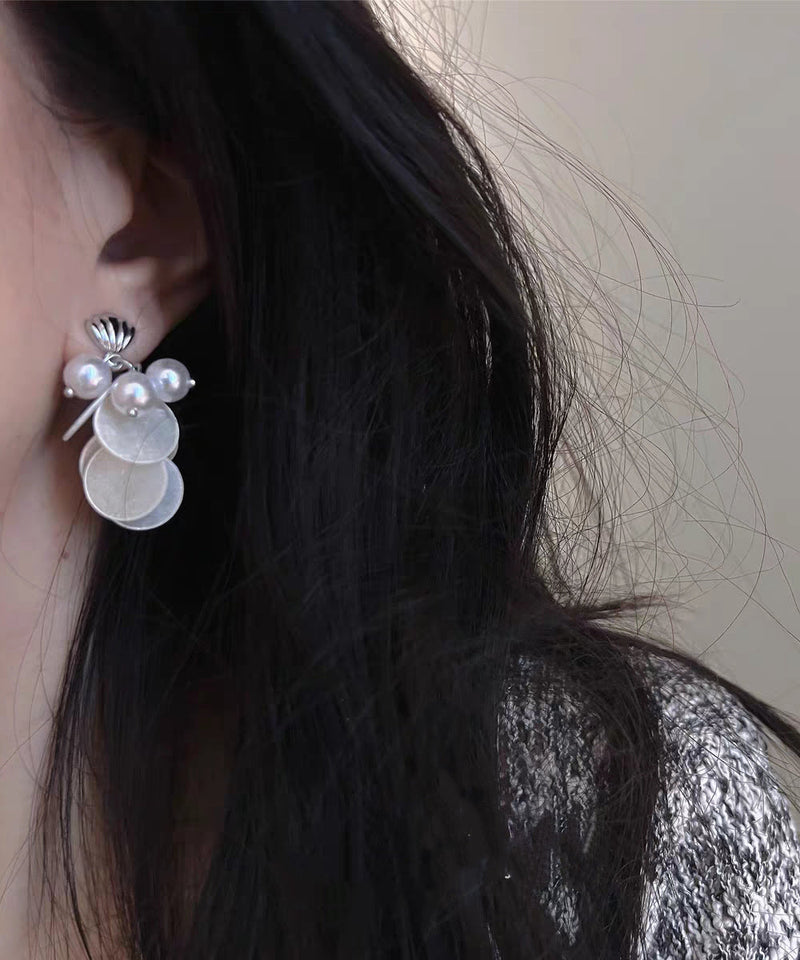 White Sterling Silver Alloy Shell Pearl Tassel Stud Earrings