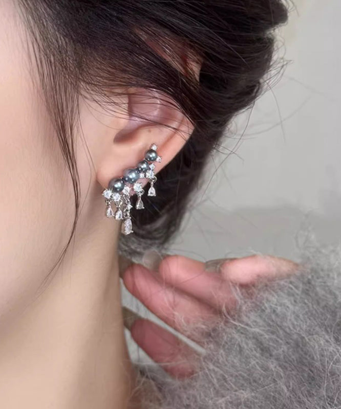 Art Grey Copper Overgild Zircon Pearl Stud Earrings