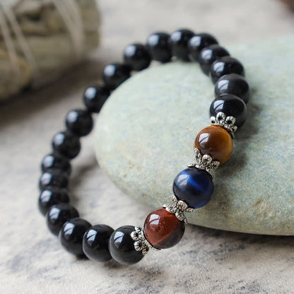 Buddha Stones Natural Black Obsidian Tricolor Tiger Eye Strength Bracelet