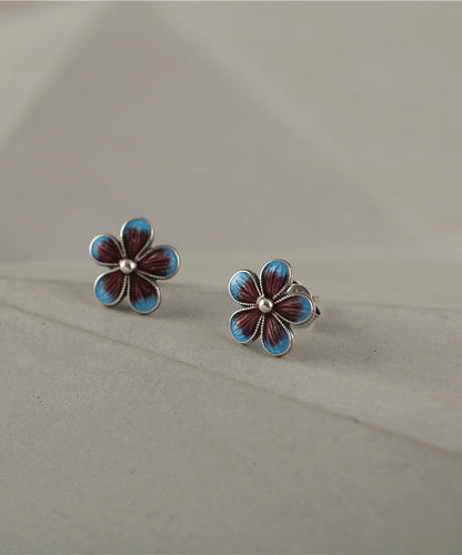 Unique Blue Silver Cloisonne Stud Earrings