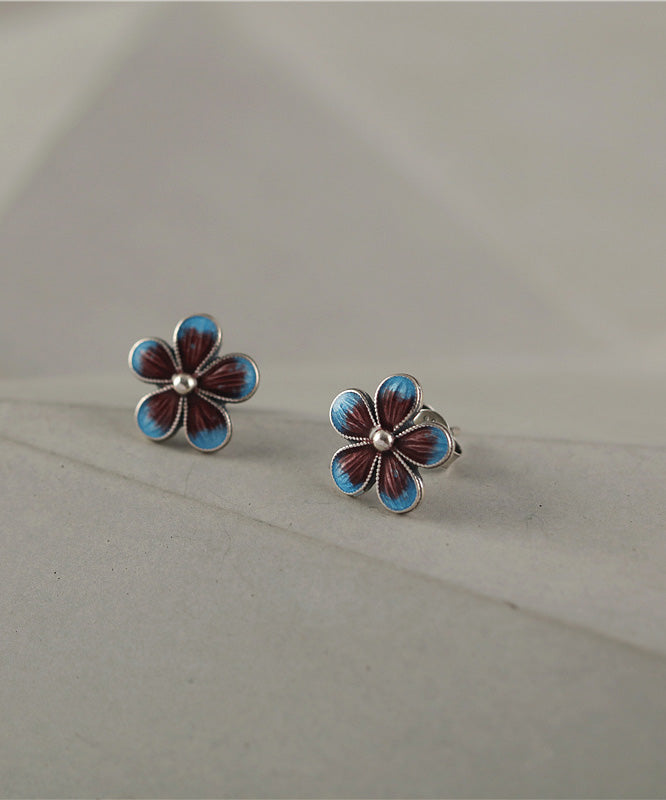 Unique Blue Silver Cloisonne Stud Earrings