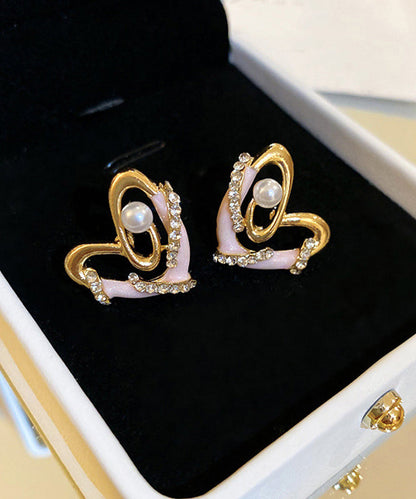 Stylish Gold Alloy Pearl Zircon Drip Glaze Love Stud Earrings