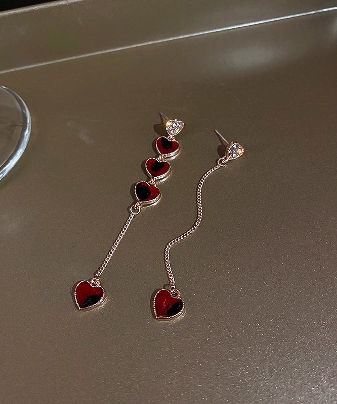 Diy Red Sterling Silver Alloy Zircon Asymmetrical Love Tassel Drop Earrings