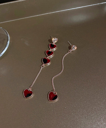 Diy Red Sterling Silver Alloy Zircon Asymmetrical Love Tassel Drop Earrings