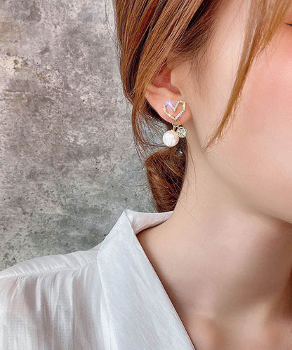 Gold Sterling Silver Alloy Zircon Love Pearl Drop Earrings