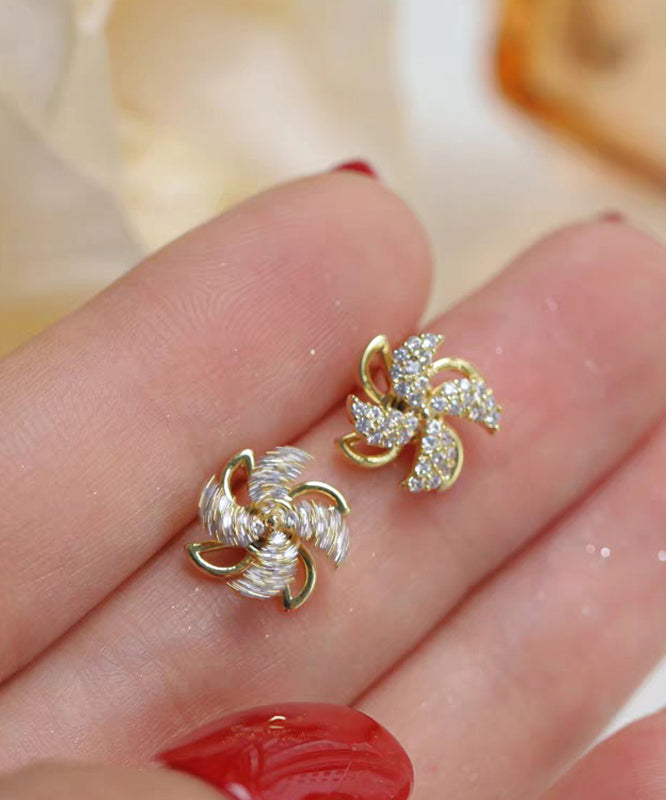 Gold Copper Alloy Zircon a Spinning Windmill Stud Earrings