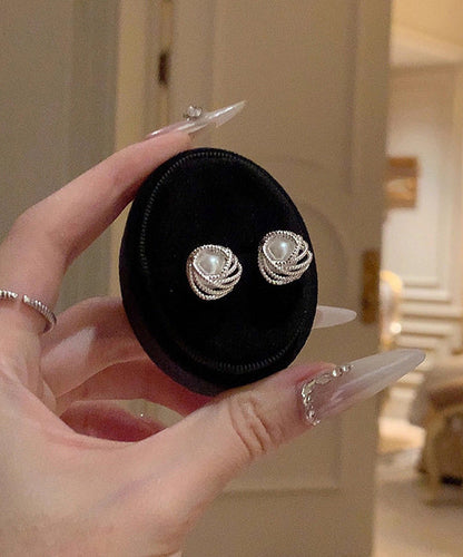 Beige Sterling Silver Overgild Entangle Pearl Stud Earrings