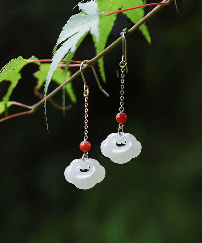 Art White 18k Gold Jade Ruyi Agate Drop Earrings