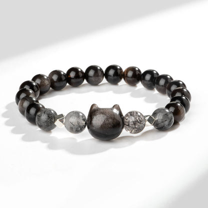 Buddha Stones Natural Silver Sheen Obsidian Cat Head Protection Bracelet
