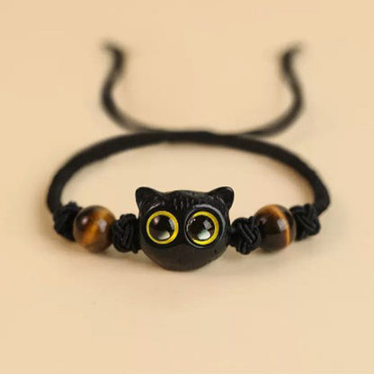 Buddha Stones Ebony Wood Cat Head Pattern Peace Bracelet