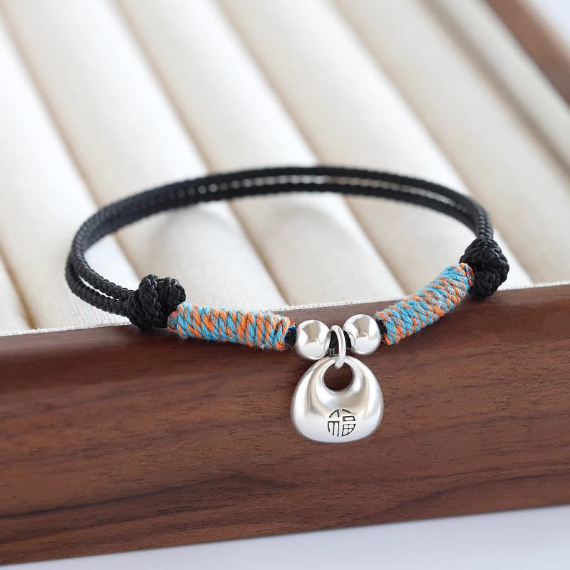 Buddha Stones Handmade 925 Sterling Silver Fu Character Safe and Well Luck Braided Bracelet