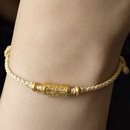 Buddha Stones 999 Gold Good Luck Amulet Carved Design Handmade Strength Braided Rope Bracelet