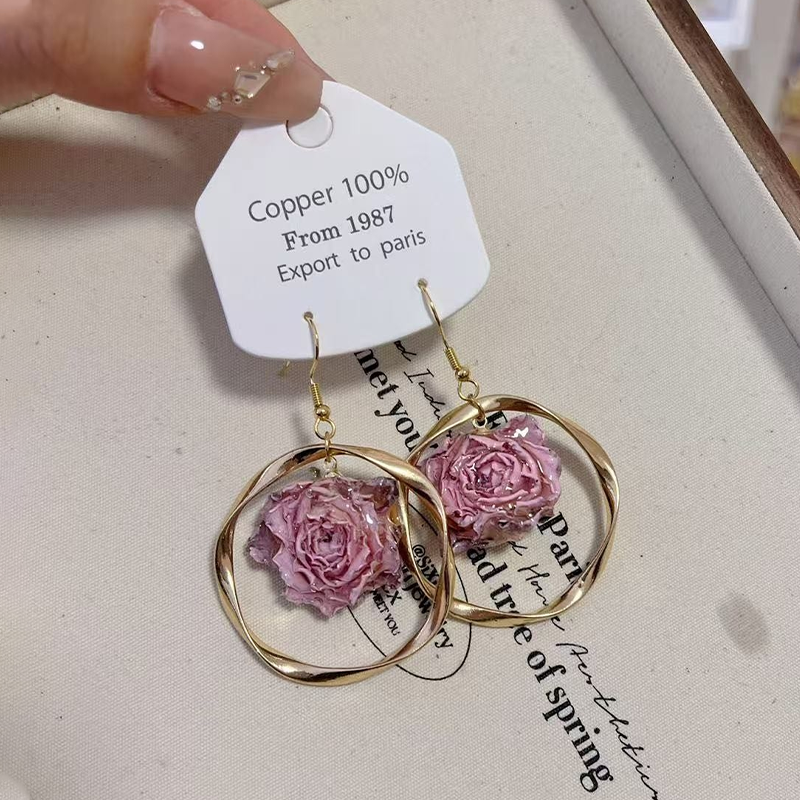 Real Flowers Patchwork Metal Accessories Trim Earrings(each One Is Unique)