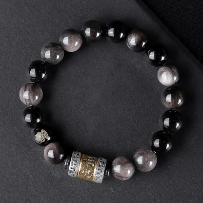 Buddha Stones Natural Silver Sheen Obsidian Tiger's Eye Six True Words 'om Mani Padme Hum' Strength Bracelet