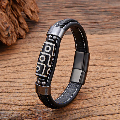 Buddha Stones Tibetan Nine-eye Dzi Bead Wealth Leather Buckle Bracelet