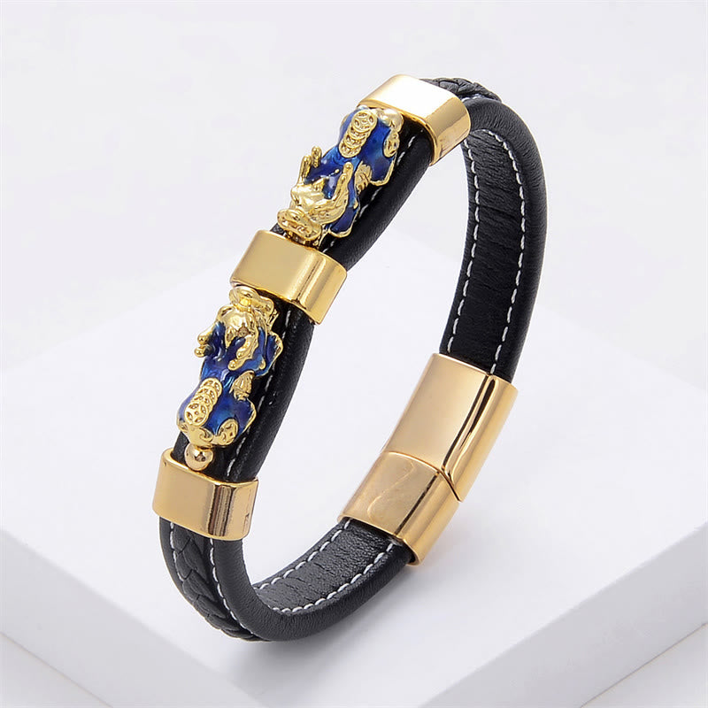 Buddha Stones Double Pixiu Wealth Luck Leather Magnetic Buckle Bracelet