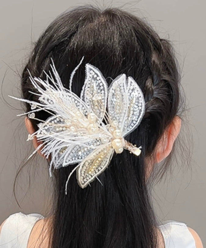 Stylish White Overgild Pearl Feather Tulle Hairpin Two Piece Set