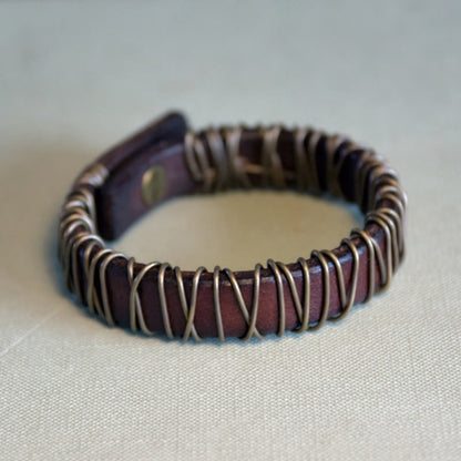 Buddha Stones Leather Copper Brass Wire Wrap Balance Bracelet