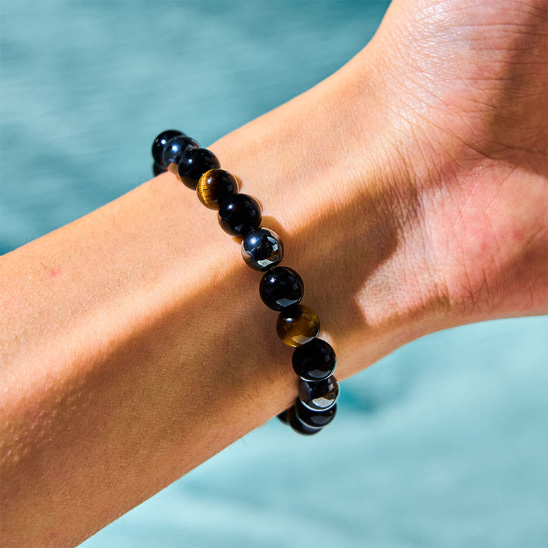 8mm Tiger Eye Obsidian Hematite Bracelet for Protection