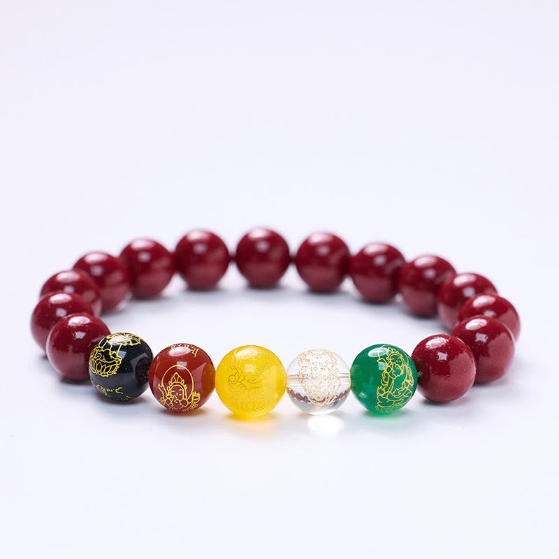 Buddha Stones Cinnabar Agate Five Directions Gods of Wealth Blessing Bracelet