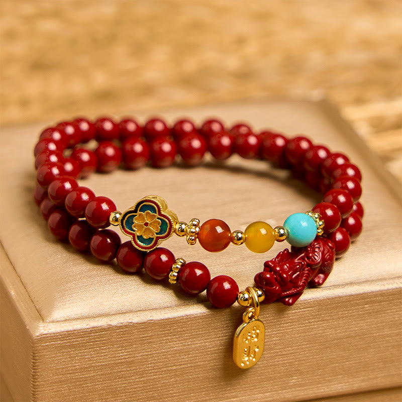 Buddha Stones Cinnabar Pixiu Fu Character Blessing Double Wrap Bracelet