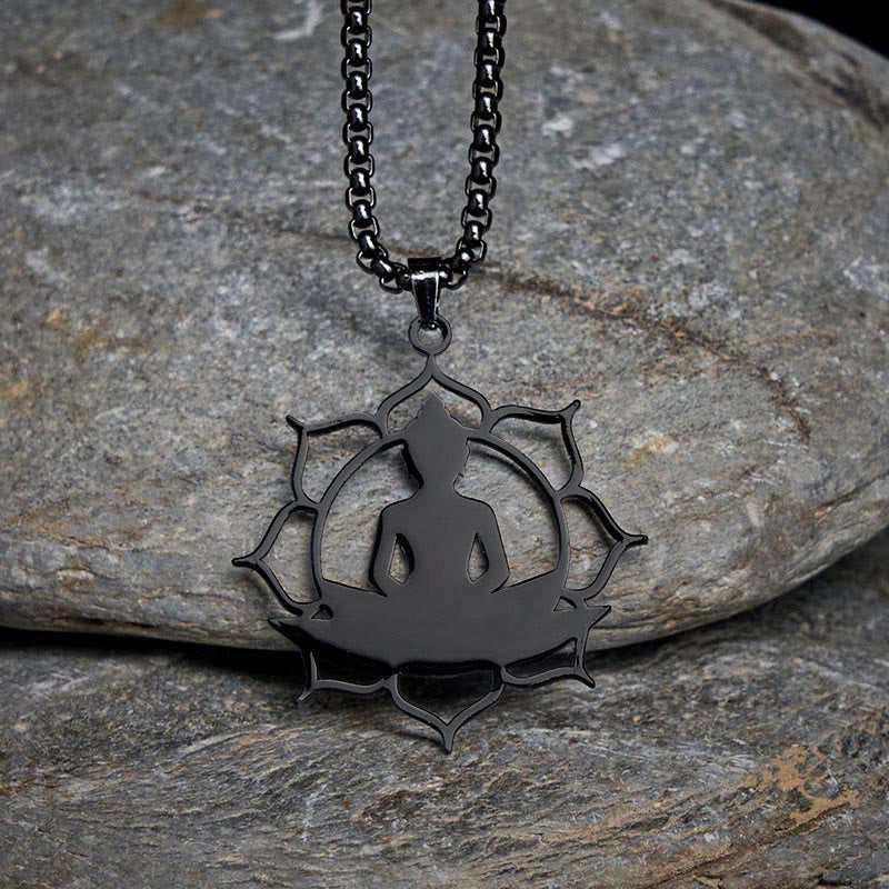 Buddha Stones Lotus Sitting Buddha Design Stainless Steel Enlightenment Necklace Pendant