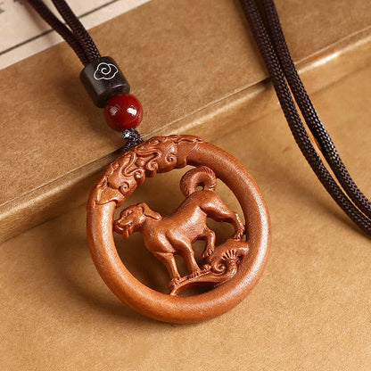 Buddha Stones Peach Wood Chinese Zodiac Year of the Horse Ward Off Evil Spirits Necklace Pendants