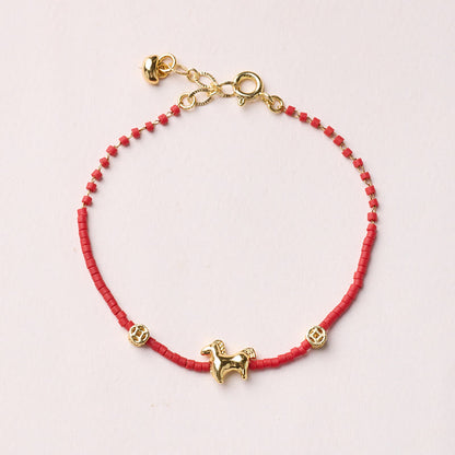 Buddha Stones 925 Sterling Silver Plated Gold Year of the Horse Red Liuli Glass Prosperity Bracelet