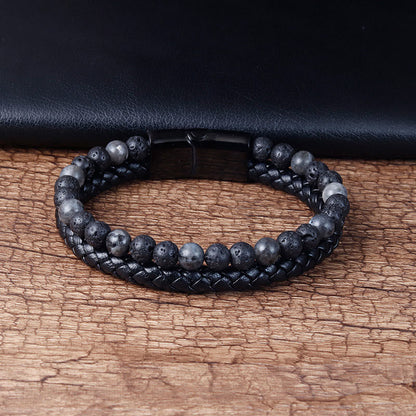 Buddha Stones Lava Rock Titanium Steel Calm Leather Bracelet