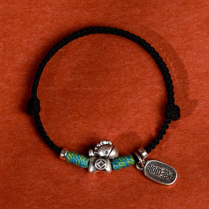 Buddha Stones 999 Sterling Silver Year of the Horse 925 Sterling Silver Peace and Joy Charm String Braided Luck Bracelet Anklet